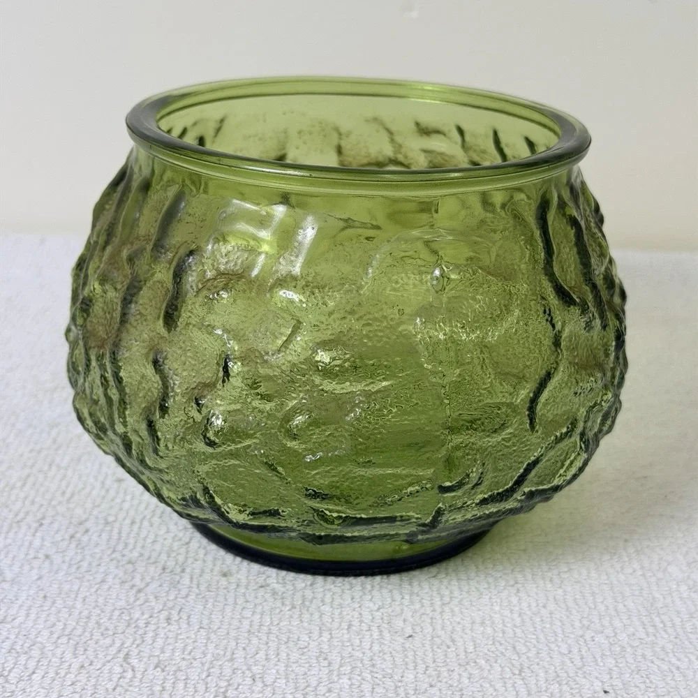 Vintage Avocado EO Brody Co Glass Crinkle Textured Vase Planter Bowl‎ MCM